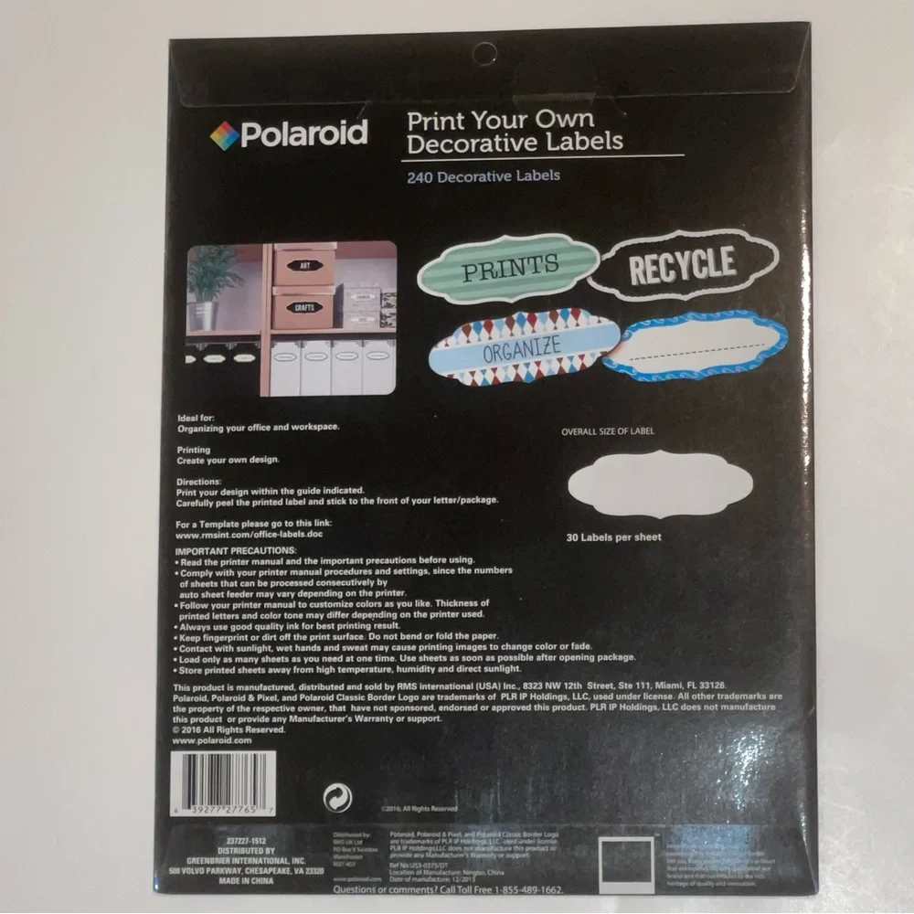 Polaroid Print Your Own Decorative Labels, 240 Labels. 30 Labels per Sheet.